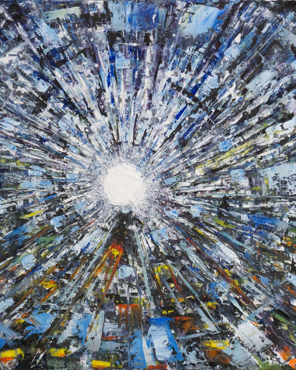 Painting by Christopher Rymer, Rush Hour on the Higgs Boson: pale marks bursting from a dark ground.