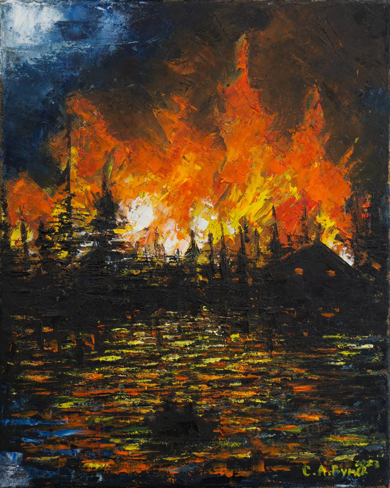Painting by Christopher Rymer, DREAMOF: a burning cabin and trees reflected in dark water.